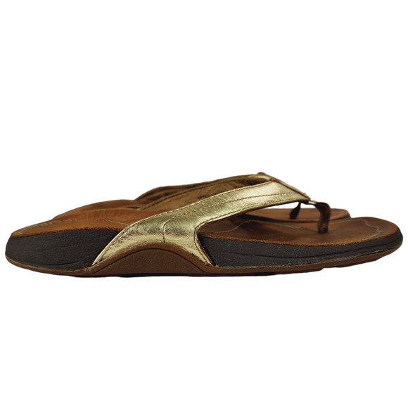 OluKai Womens Flip Flop Sandal sz 5 35 Kumu Gold Brown Leather‎ Rubber Hawaiian - Picture 2 of 10